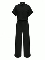 Solid Color Polo Neck Button Front Short Sleeve Top And Long Pants shein