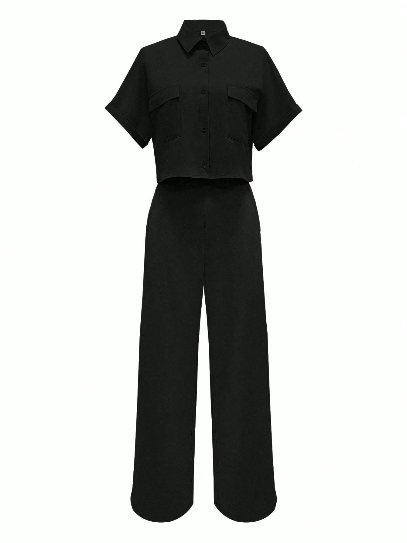 Solid Color Polo Neck Button Front Short Sleeve Top And Long Pants shein