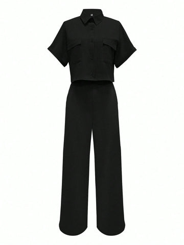 Solid Color Polo Neck Button Front Short Sleeve Top And Long Pants
