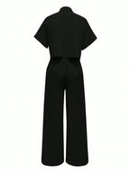 Solid Color Polo Neck Button Front Short Sleeve Top And Long Pants shein
