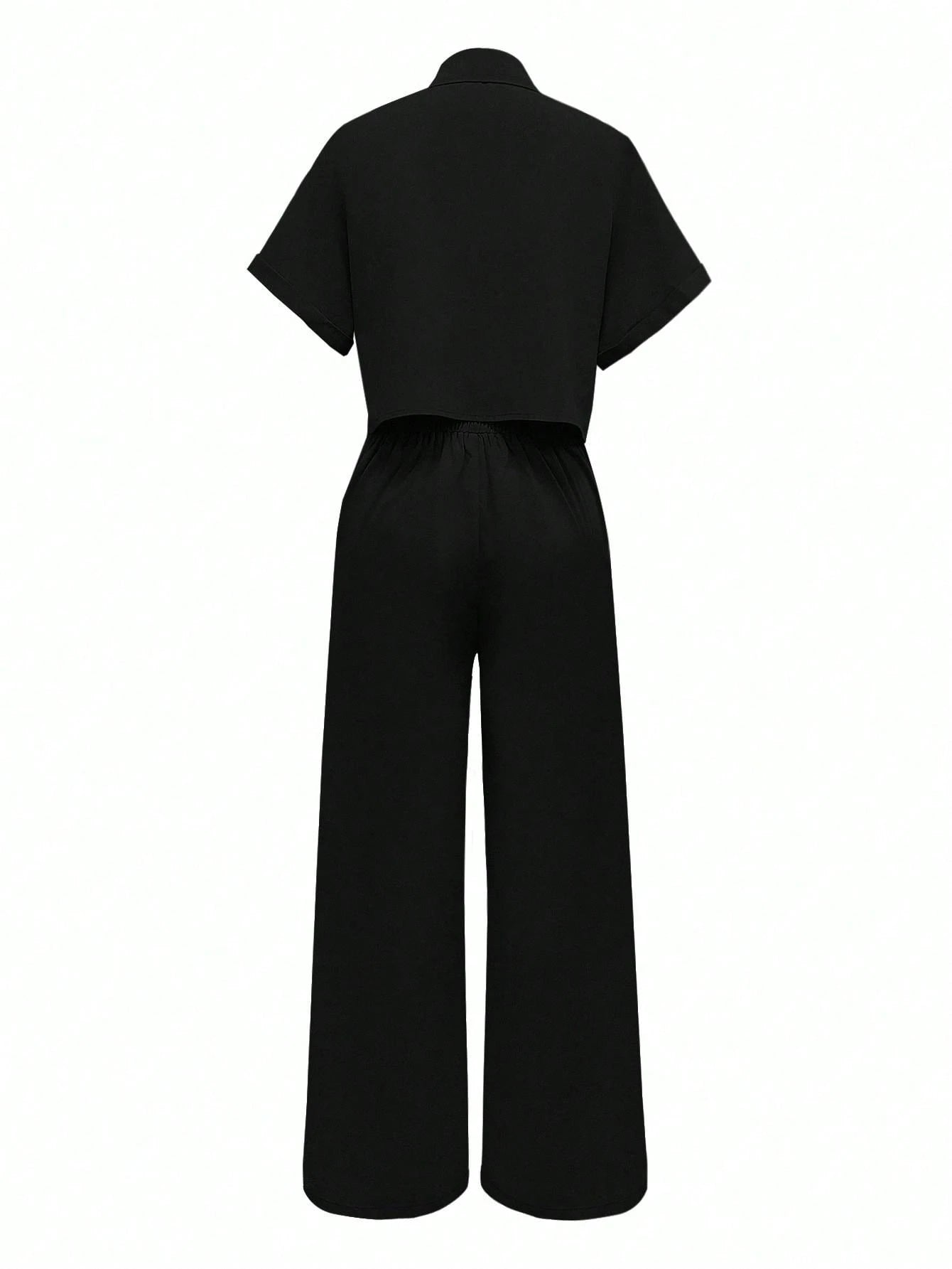 Solid Color Polo Neck Button Front Short Sleeve Top And Long Pants shein
