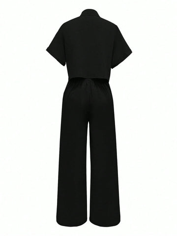 Solid Color Polo Neck Button Front Short Sleeve Top And Long Pants