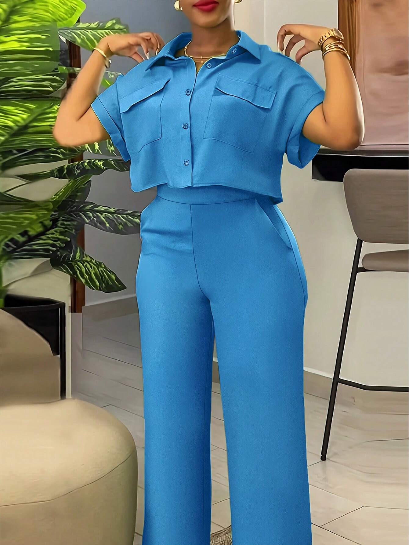Solid Color Polo Neck Button Front Short Sleeve Top And Long Pants shein