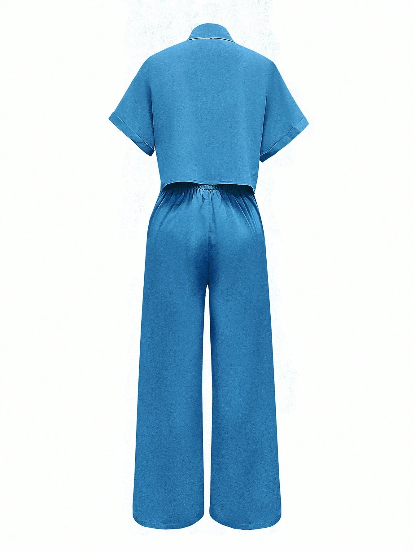 Solid Color Polo Neck Button Front Short Sleeve Top And Long Pants shein