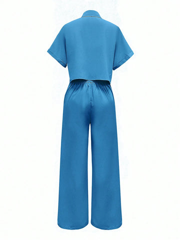 Solid Color Polo Neck Button Front Short Sleeve Top And Long Pants