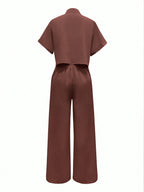 Solid Color Polo Neck Button Front Short Sleeve Top And Long Pants shein