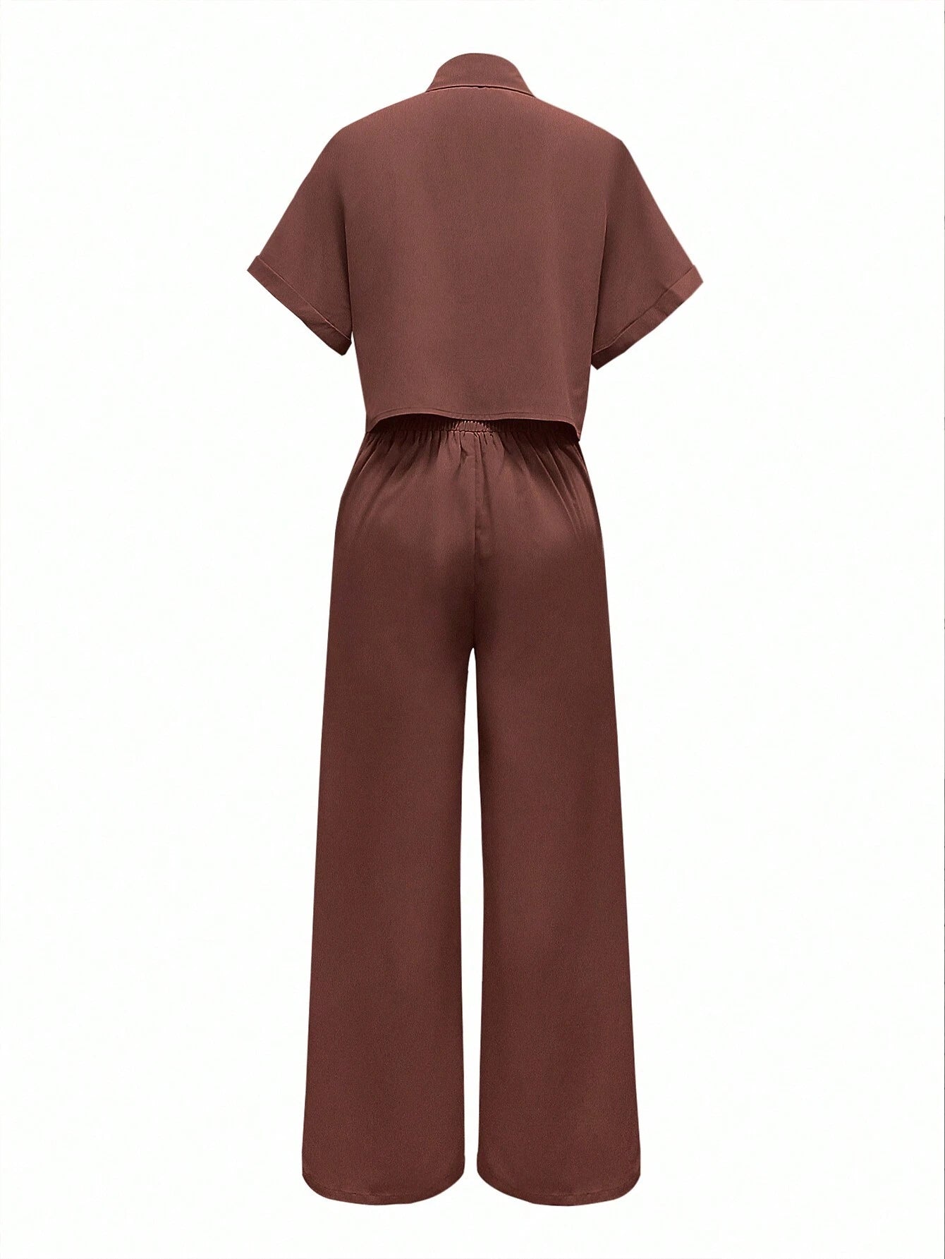 Solid Color Polo Neck Button Front Short Sleeve Top And Long Pants shein