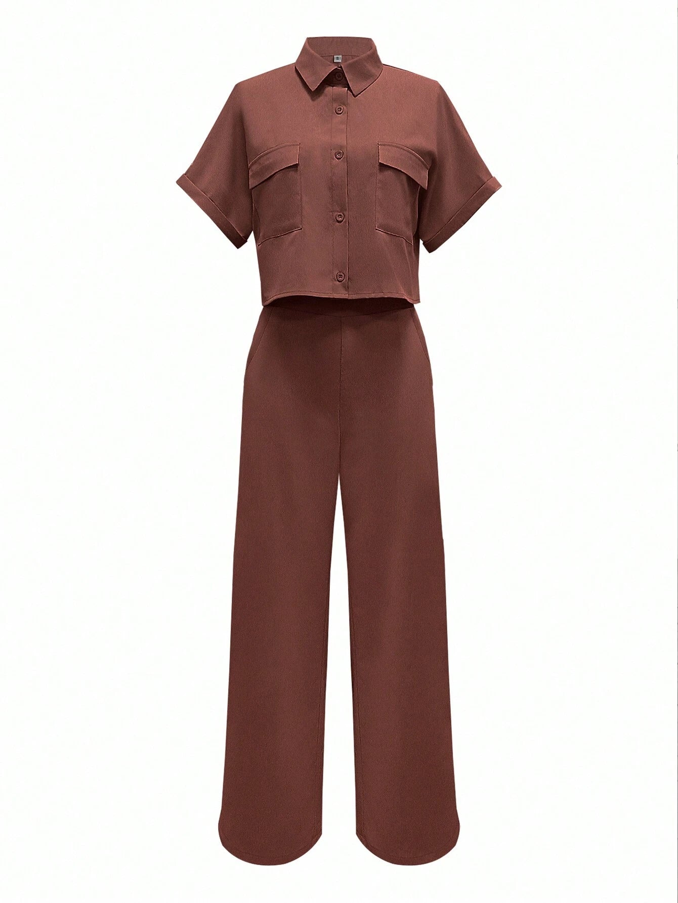 Solid Color Polo Neck Button Front Short Sleeve Top And Long Pants shein