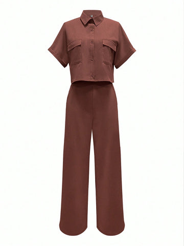 Solid Color Polo Neck Button Front Short Sleeve Top And Long Pants