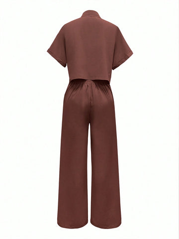 Solid Color Polo Neck Button Front Short Sleeve Top And Long Pants