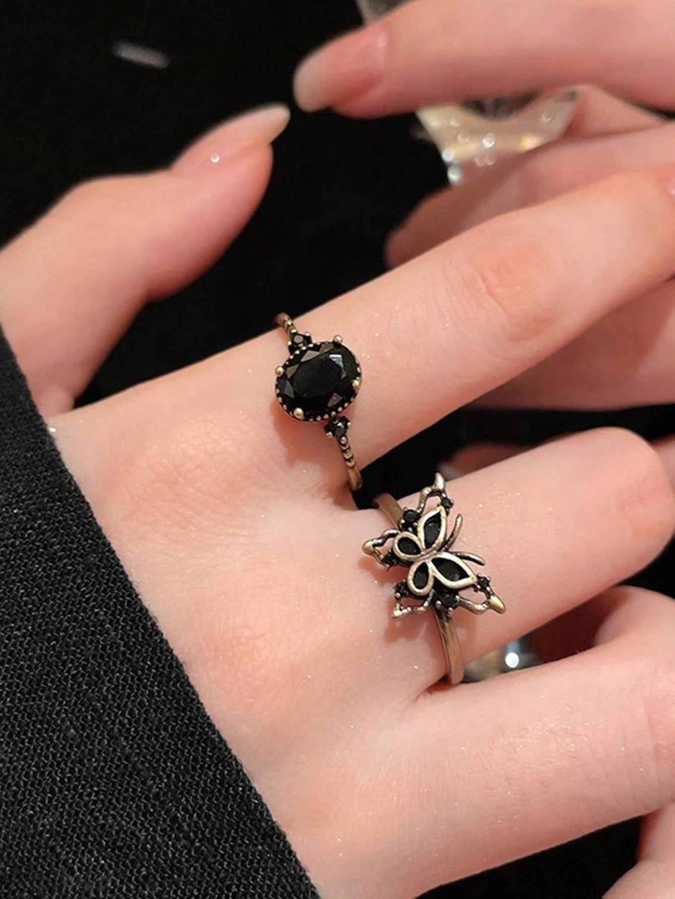 2pcs Vintage Minimalist Green Butterfly & Flower Decor Adjustable Rings