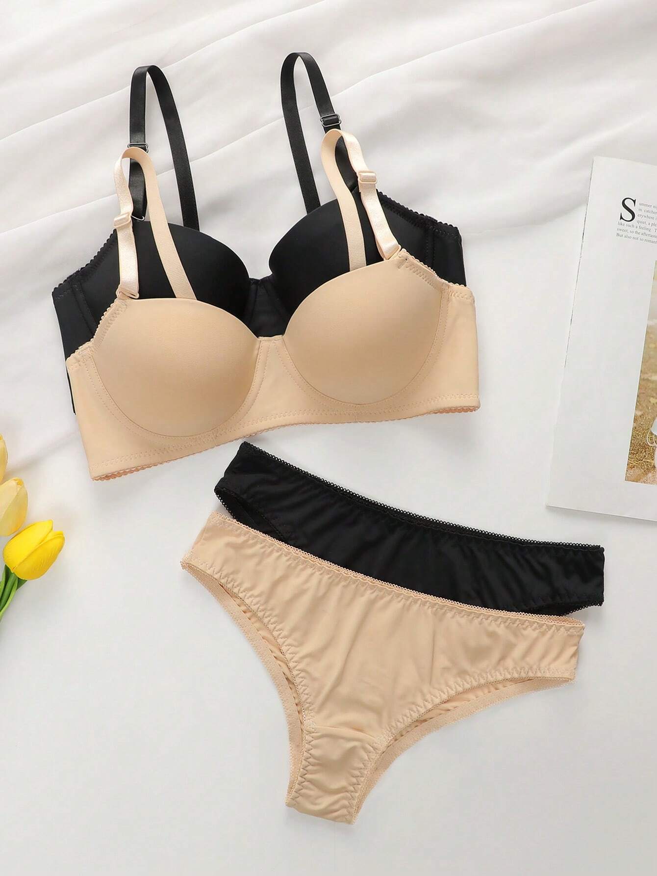 2sets Solid Underwire Lingerie Set shein