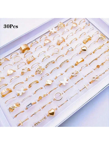 30pcs/Pack Fashionable Butterfly Flower Heart Alloy Ring Set