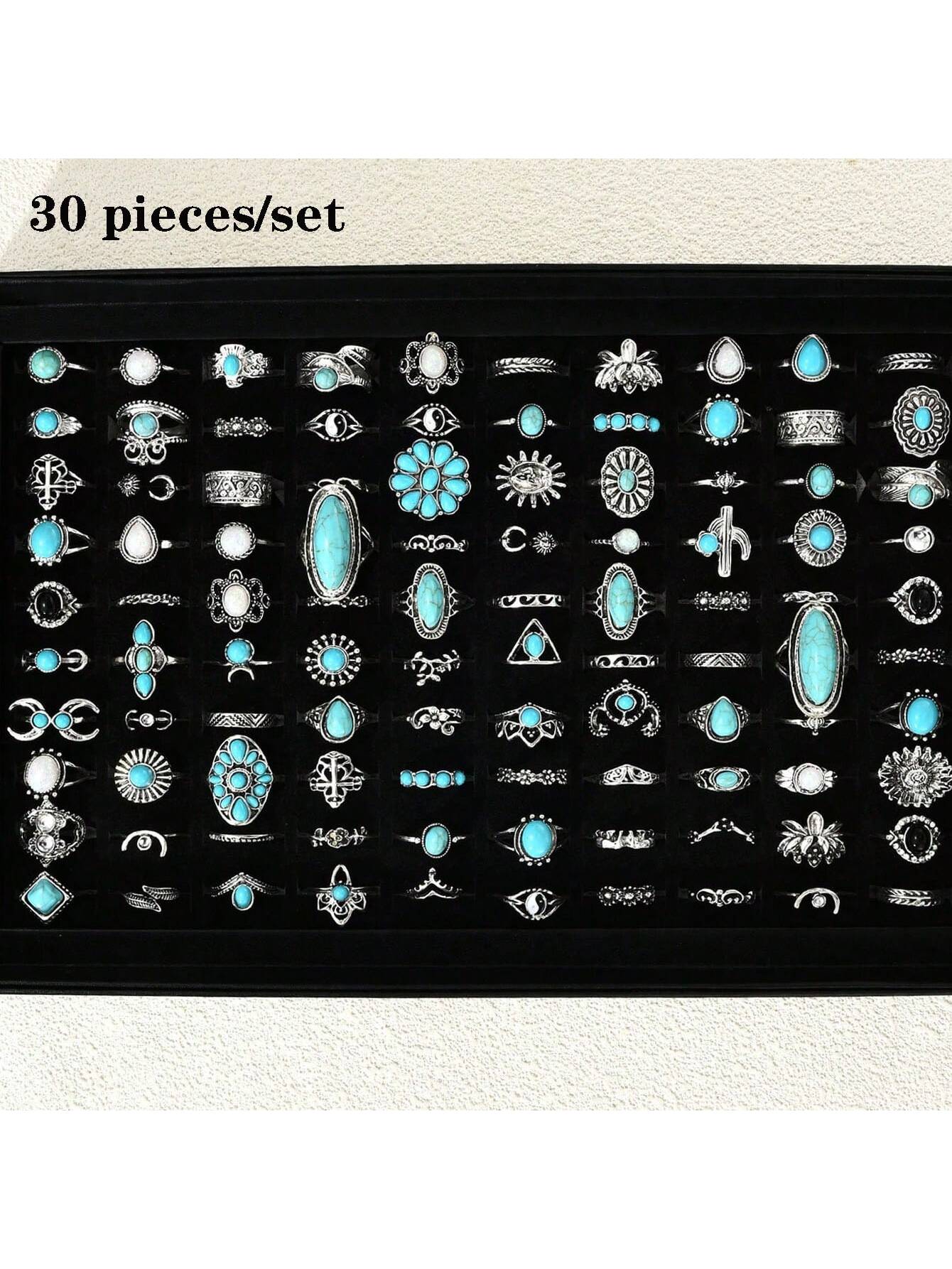 30pcs/Pack Fashionable Butterfly Flower Heart Alloy Ring Set