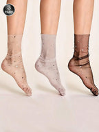 3 Pairs Sheer Mesh Sparkle Star Mid-Calf Stockings With No Heel