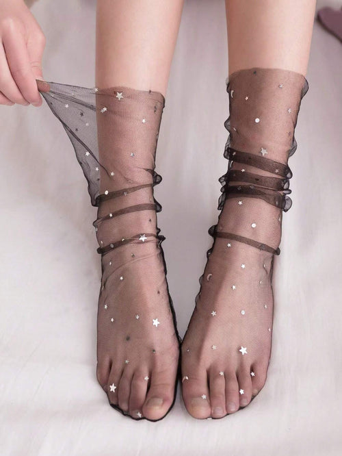 3 Pairs Sheer Mesh Sparkle Star Mid-Calf Stockings With No Heel shein