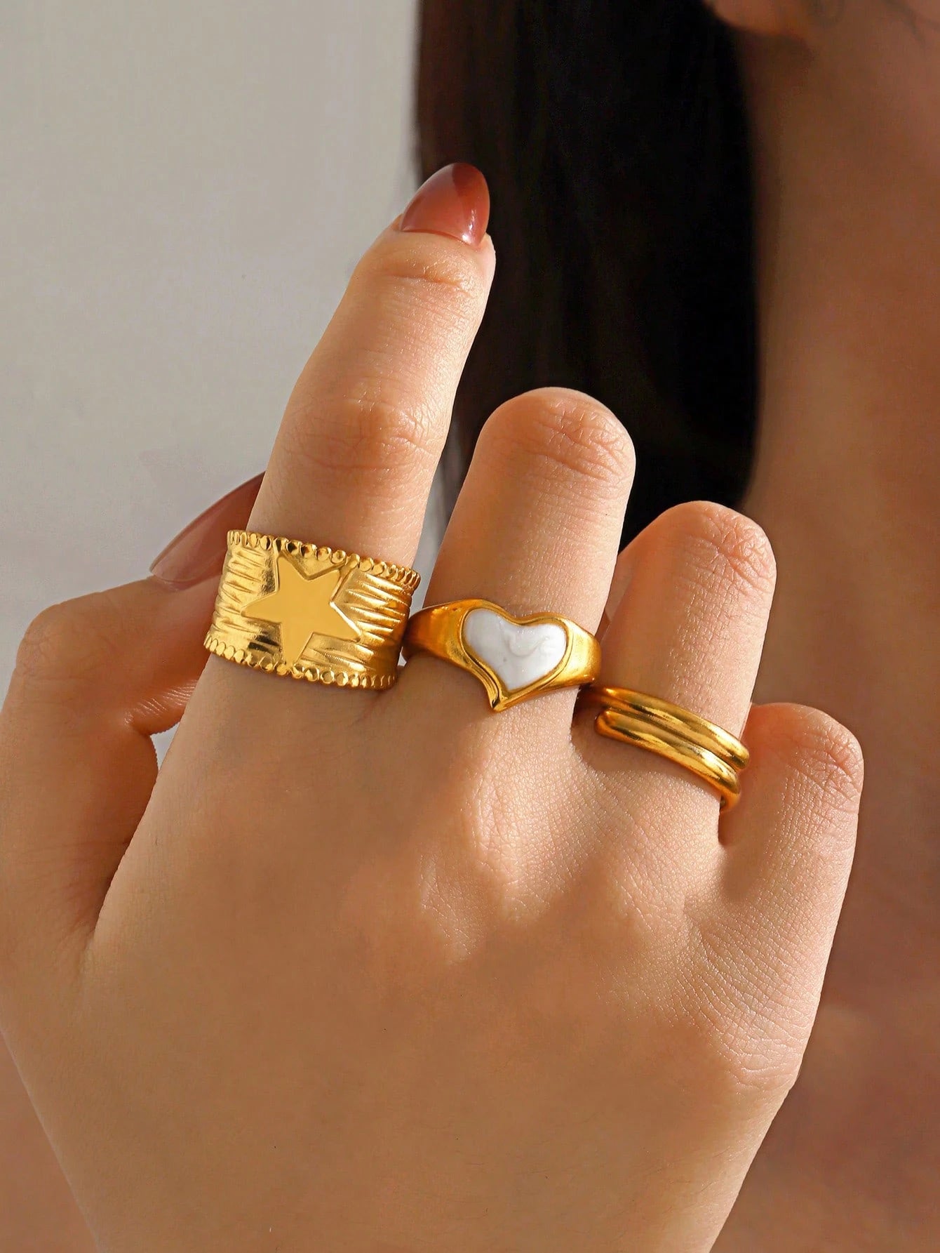 3pcs Set Stainless Steel 18K Gold-Plated Minimalist Geometric Drip Oil Open Ring