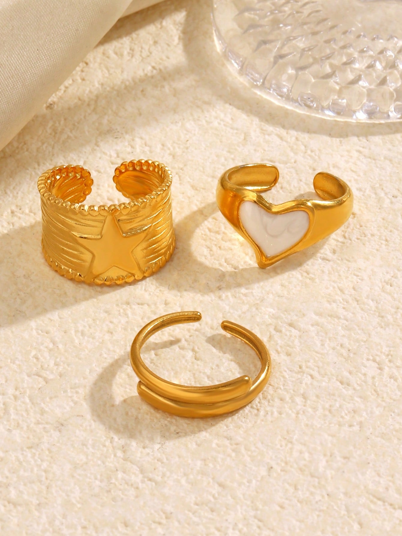 3pcs Set Stainless Steel 18K Gold-Plated Minimalist Geometric Drip Oil Open Ring shein