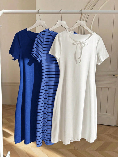 3 Sets Striped White & Red Dress Outfit