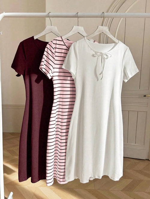 3 Sets Striped White & Red Dress Outfit shein