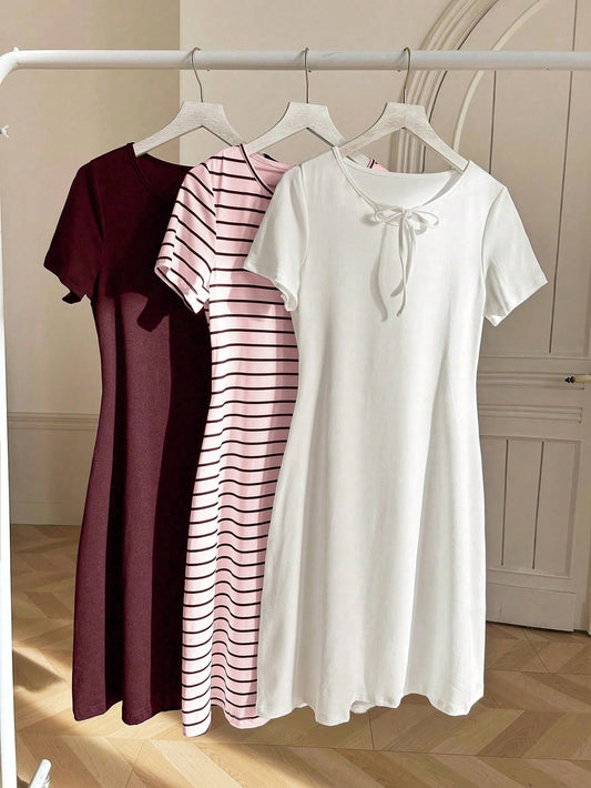 3 Sets Striped White & Red Dress Outfit