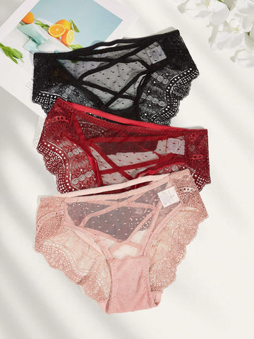 3pack Criss Cross Lace Panty shein