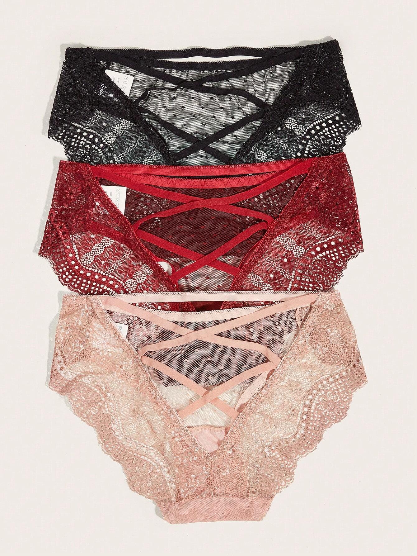 3pack Criss Cross Lace Panty shein