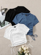3pcs Drawstring Ruched Side Tee Shein