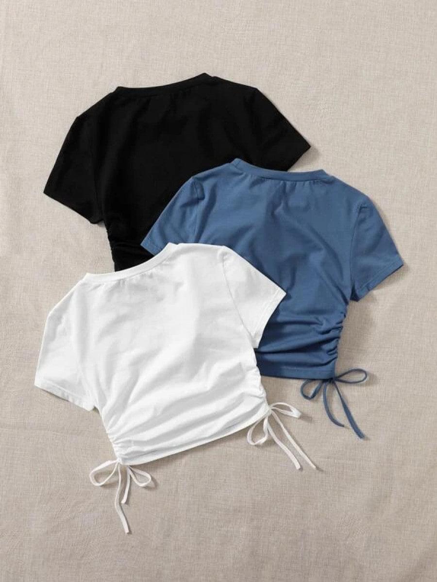 3pcs Drawstring Ruched Side Tee Shein