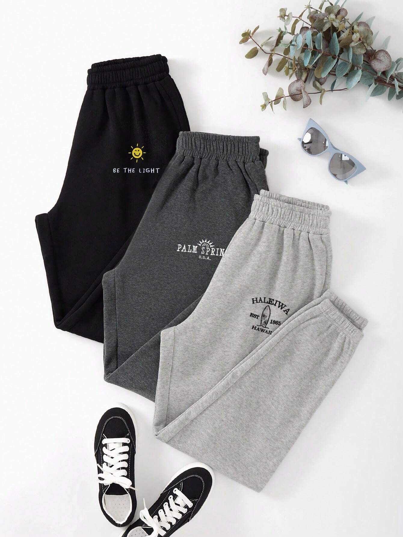 3pcs Letter Graphic Elastic Waist Thermal Lined Sweatpants shein