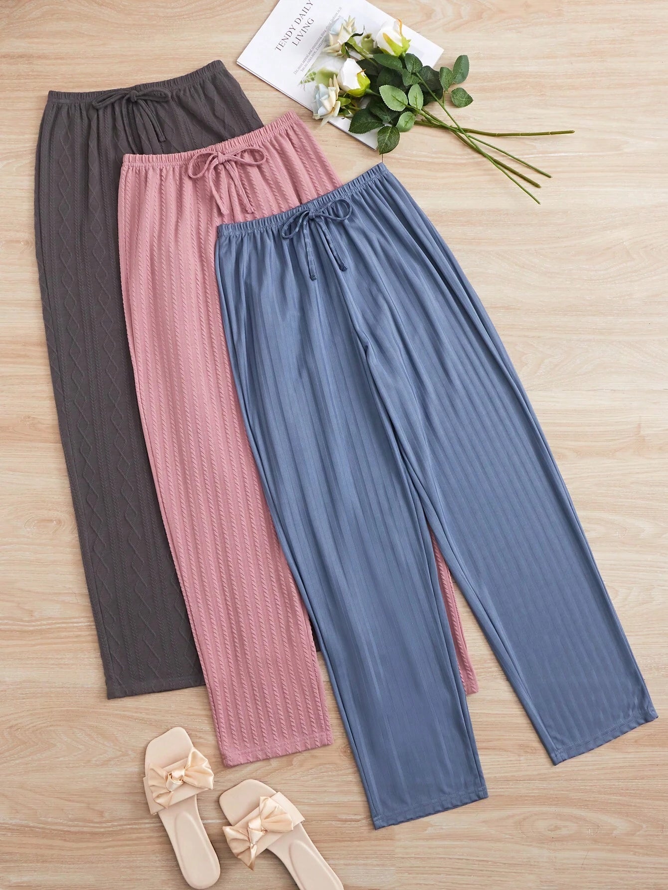 3pcs Tie Waist Lounge Pants shein