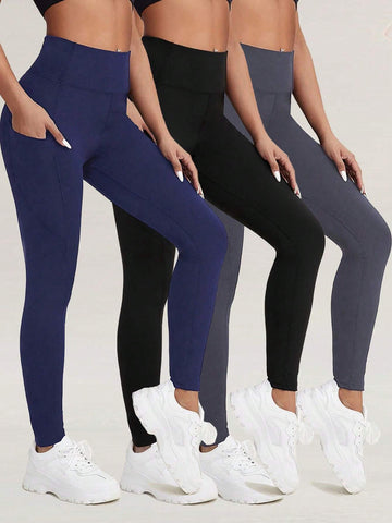 3pcs Wide Waistband Phone Pocket Side Sports Leggings shein