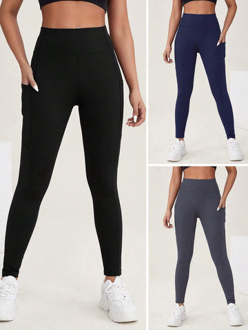 3pcs Wide Waistband Phone Pocket Side Sports Leggings shein