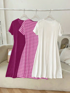 3 Sets Striped White & Red Dress Outfit shein
