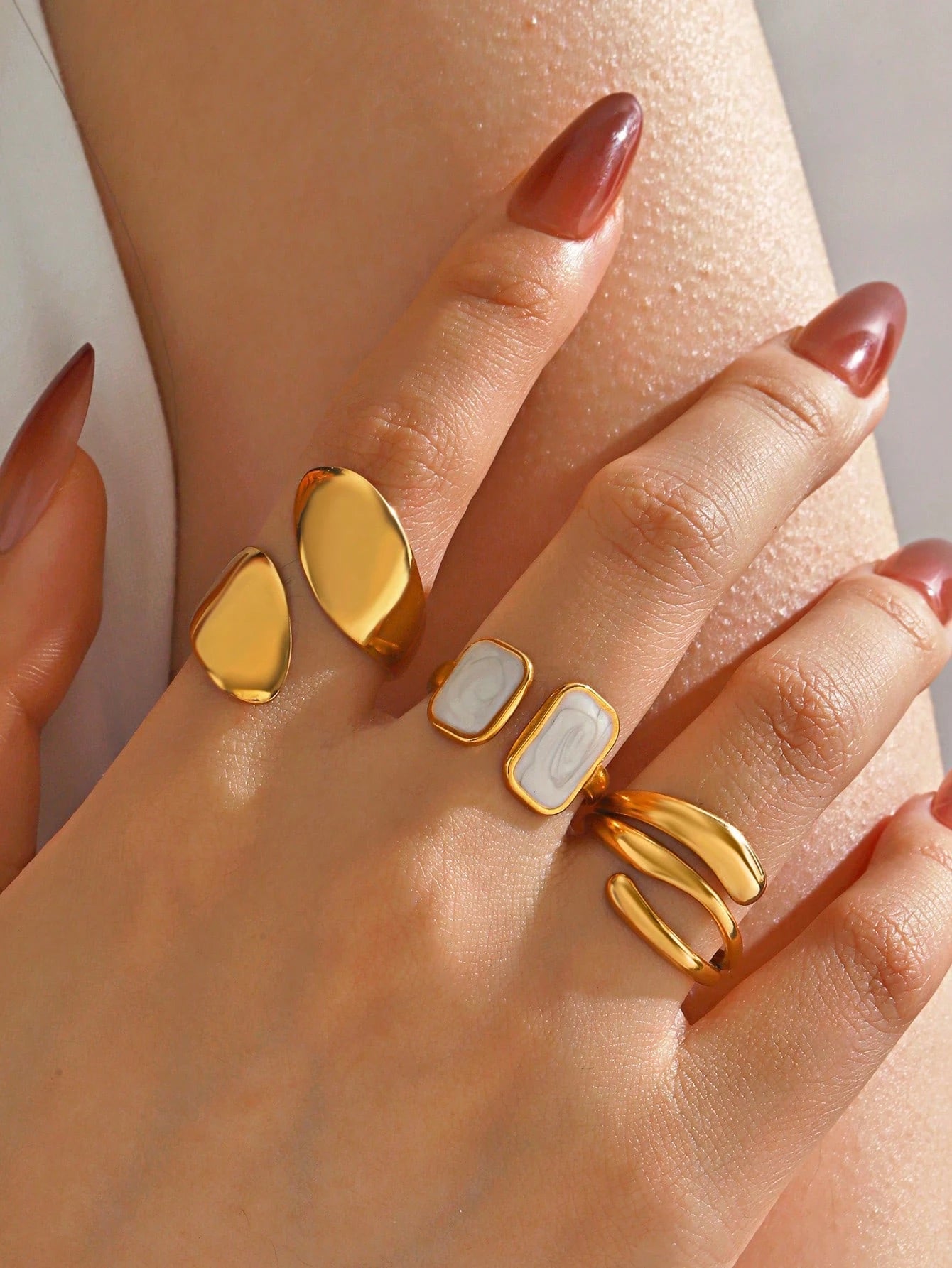 3pcs Set Stainless Steel 18K Gold-Plated Minimalist Geometric Drip Oil Open Ring