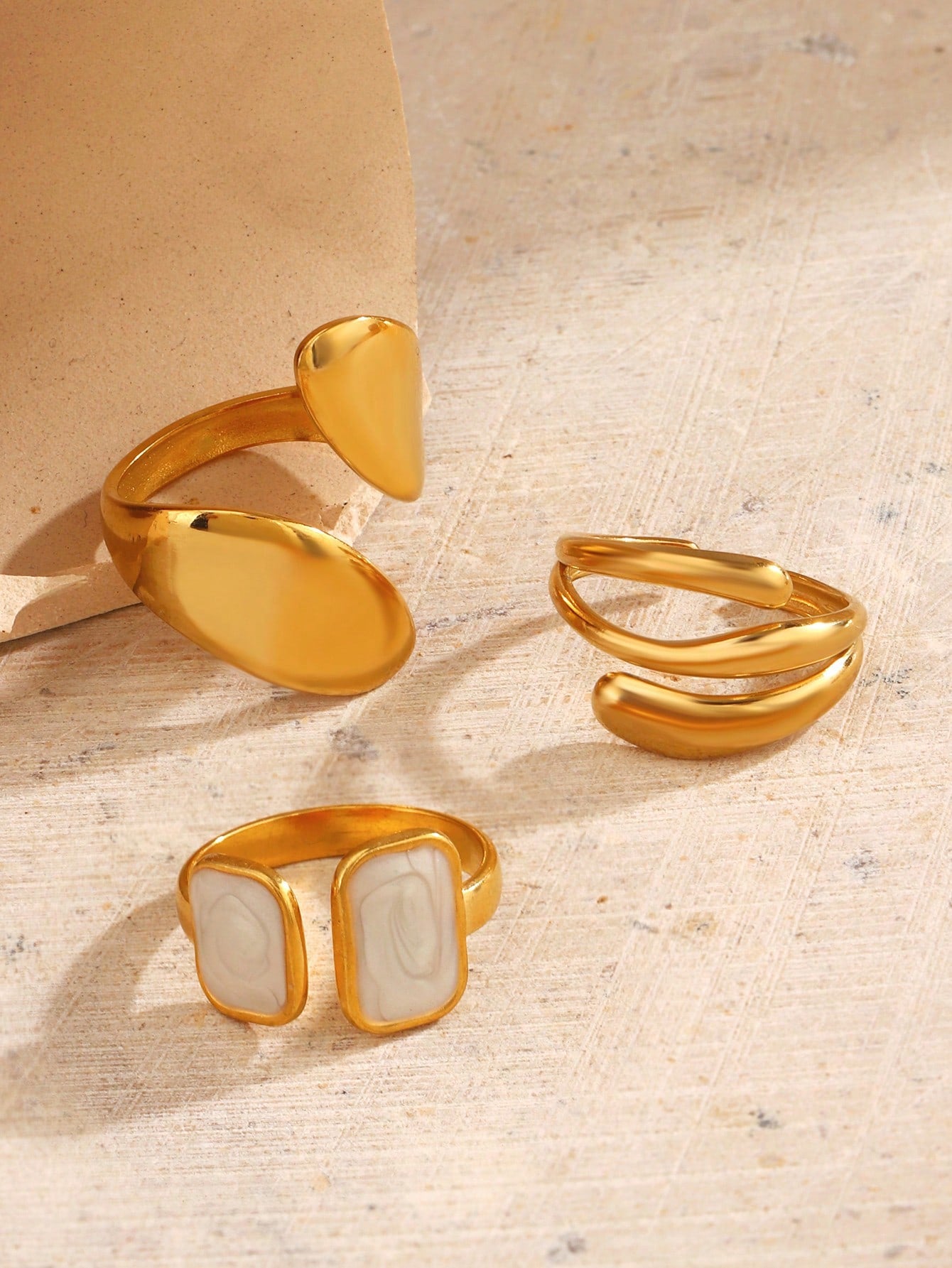 3pcs Set Stainless Steel 18K Gold-Plated Minimalist Geometric Drip Oil Open Ring