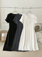 3 Sets Striped White & Red Dress Outfit shein