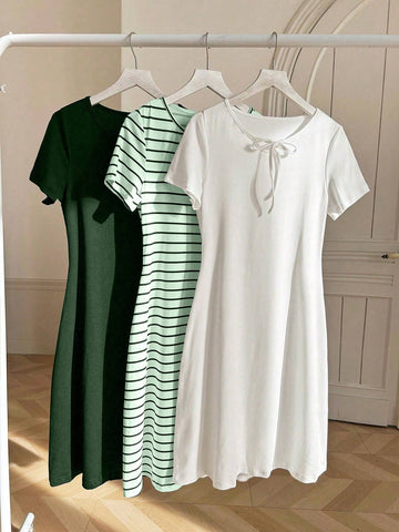 3 Sets Striped White & Red Dress Outfit