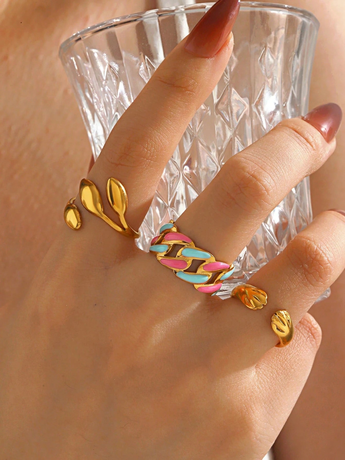 3pcs Set Stainless Steel 18K Gold-Plated Minimalist Geometric Drip Oil Open Ring