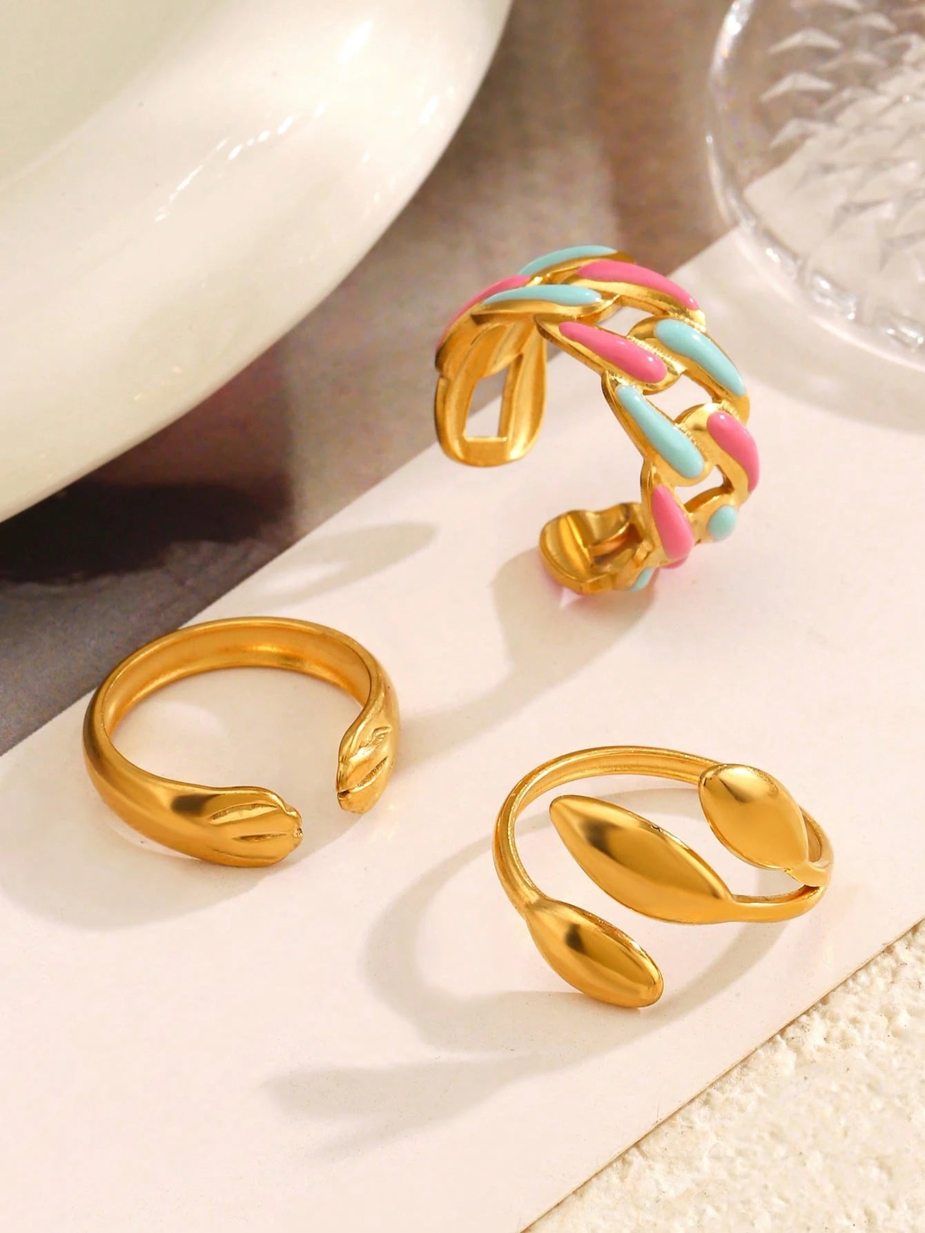 3pcs Set Stainless Steel 18K Gold-Plated Minimalist Geometric Drip Oil Open Ring