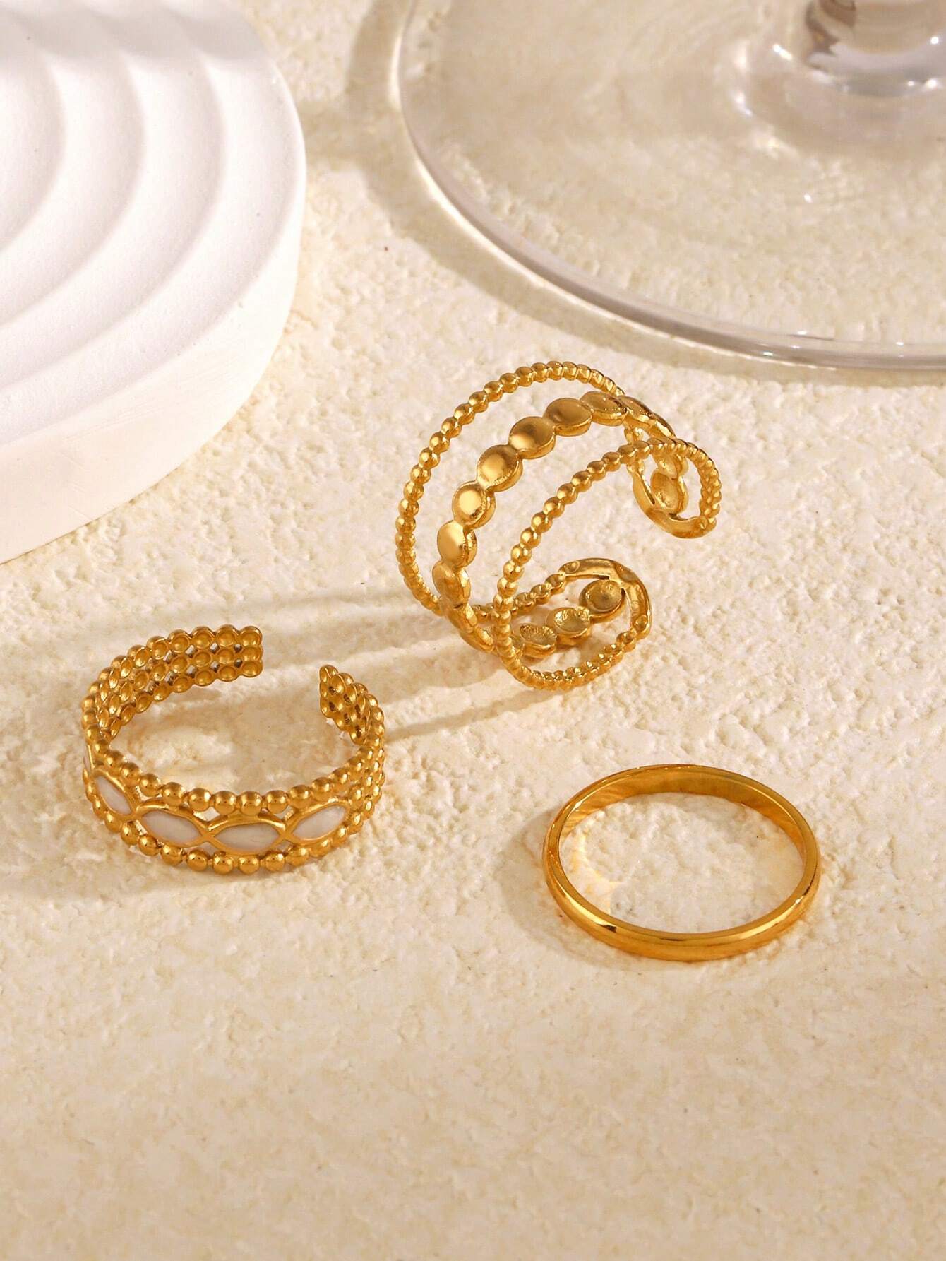 3pcs Set Stainless Steel 18K Gold-Plated Minimalist Geometric Drip Oil Open Ring