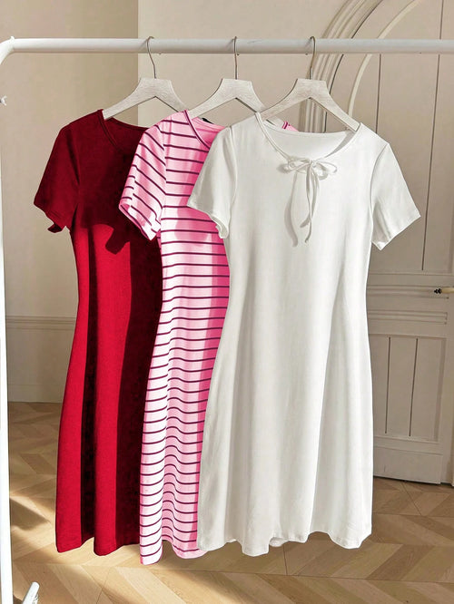 3 Sets Striped White & Red Dress Outfit shein