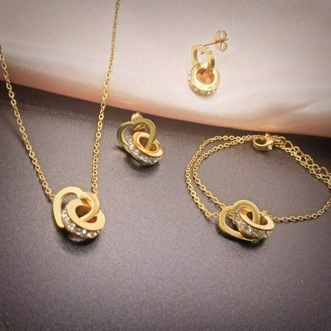 3pcs set Fashion Stainless Steel Cubic Zirconia Detail Double Ring Pendant Necklace & Drop Earrings Jewelry Set shein