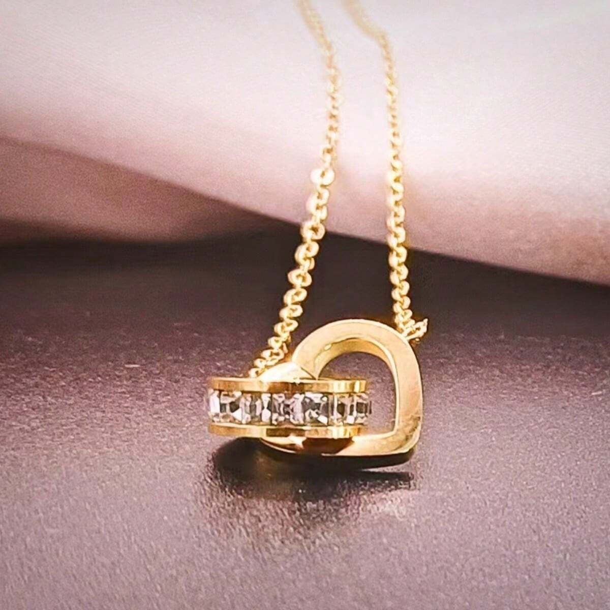 3pcs set Fashion Stainless Steel Cubic Zirconia Detail Double Ring Pendant Necklace & Drop Earrings Jewelry Set shein
