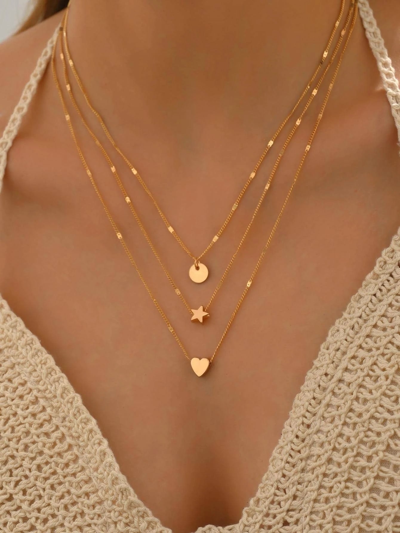 3pcs set Heart & Star Charm Necklace shein