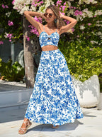 VCAY Summer Flower Print Twisted Cami Crop Top And Skirt Set Shein