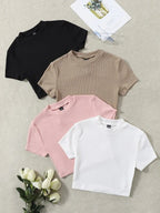 4pcs Solid Ribbed Knit Tee Shein