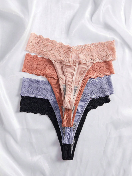 4pcs Lace Trimmed Thong Underwear shein