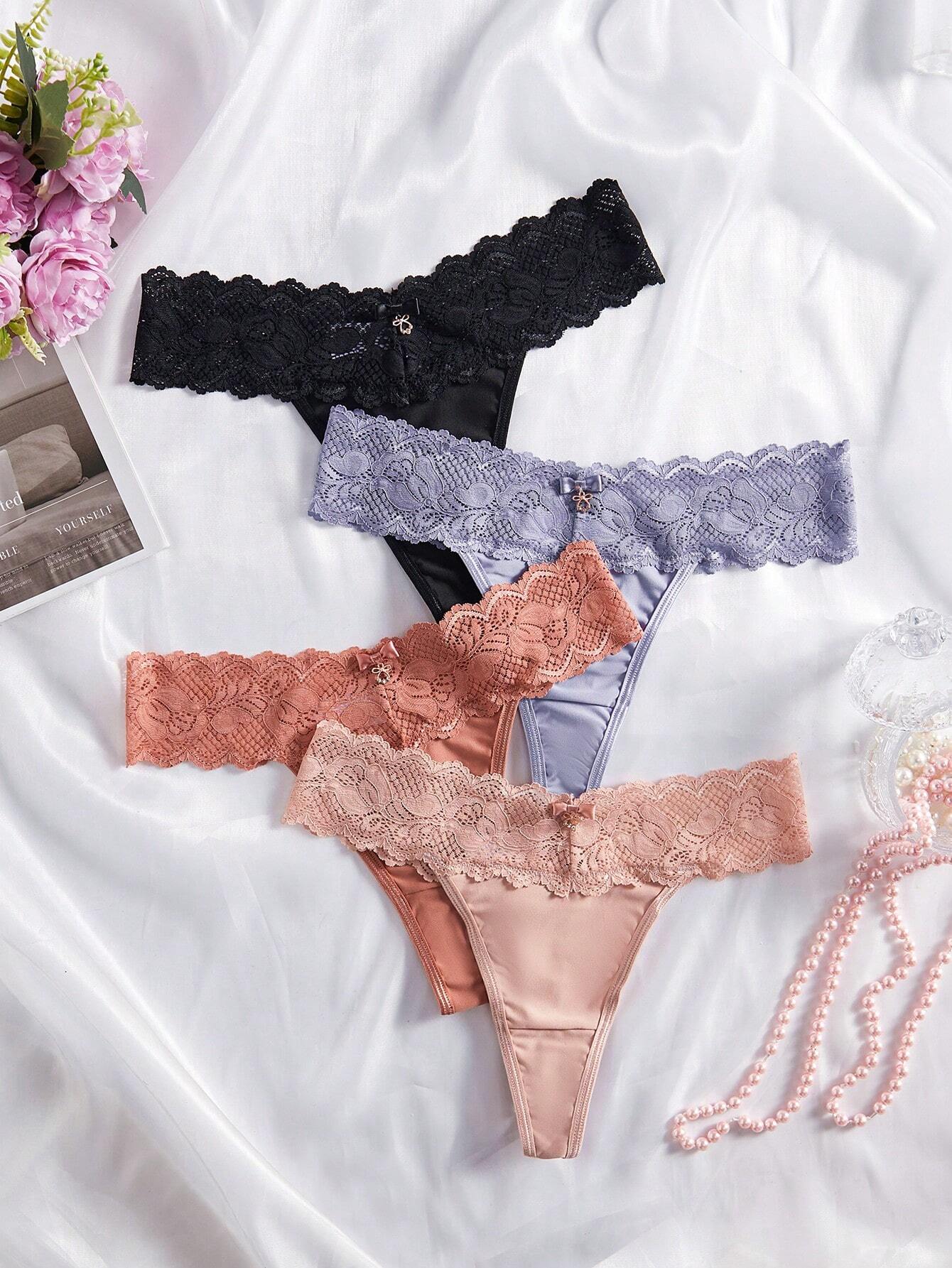 4pcs Lace Trimmed Thong Underwear shein