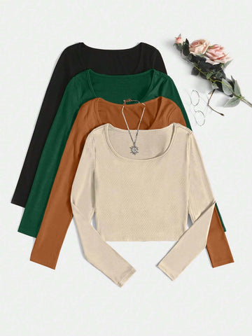 4pcs Solid Crop Tee shein